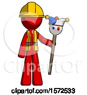 Poster, Art Print Of Red Construction Worker Contractor Man Holding Jester Staff
