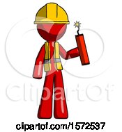Poster, Art Print Of Red Construction Worker Contractor Man Holding Dynamite With Fuse Lit