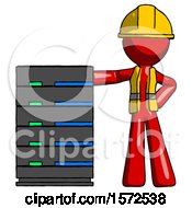 Poster, Art Print Of Red Construction Worker Contractor Man With Server Rack Leaning Confidently Against It