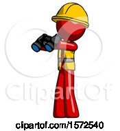 Poster, Art Print Of Red Construction Worker Contractor Man Holding Binoculars Ready To Look Left