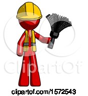 Poster, Art Print Of Red Construction Worker Contractor Man Holding Feather Duster Facing Forward