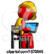 Poster, Art Print Of Red Construction Worker Contractor Man Using Laptop Computer While Sitting In Chair View From Back