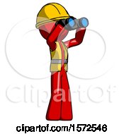 Poster, Art Print Of Red Construction Worker Contractor Man Looking Through Binoculars To The Right