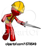 Poster, Art Print Of Red Construction Worker Contractor Man Sword Pose Stabbing Or Jabbing