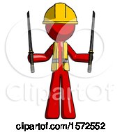 Poster, Art Print Of Red Construction Worker Contractor Man Posing With Two Ninja Sword Katanas Up