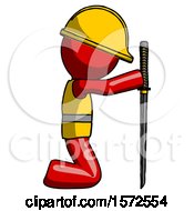 Poster, Art Print Of Red Construction Worker Contractor Man Kneeling With Ninja Sword Katana Showing Respect