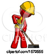 Poster, Art Print Of Red Construction Worker Contractor Man Cleaning Services Janitor Sweeping Side View