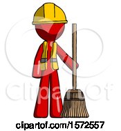 Poster, Art Print Of Red Construction Worker Contractor Man Standing With Broom Cleaning Services