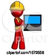 Red Construction Worker Contractor Man Holding Laptop Computer Presenting Something On Screen