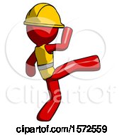 Poster, Art Print Of Red Construction Worker Contractor Man Kick Pose