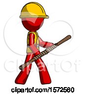 Poster, Art Print Of Red Construction Worker Contractor Man Holding Bo Staff In Sideways Defense Pose