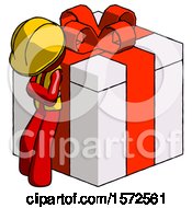 Poster, Art Print Of Red Construction Worker Contractor Man Leaning On Gift With Red Bow Angle View