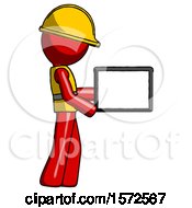 Poster, Art Print Of Red Construction Worker Contractor Man Show Tablet Device Computer To Viewer Blank Area