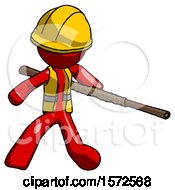 Poster, Art Print Of Red Construction Worker Contractor Man Bo Staff Action Hero Kung Fu Pose