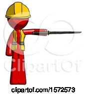 Red Construction Worker Contractor Man Standing With Ninja Sword Katana Pointing Right