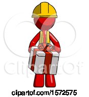 Poster, Art Print Of Red Construction Worker Contractor Man Gifting Present With Large Bow Front View