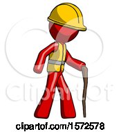 Poster, Art Print Of Red Construction Worker Contractor Man Walking With Hiking Stick