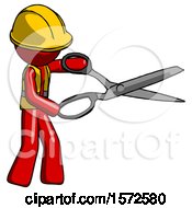 Poster, Art Print Of Red Construction Worker Contractor Man Holding Giant Scissors Cutting Out Something