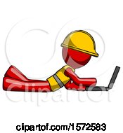 Poster, Art Print Of Red Construction Worker Contractor Man Using Laptop Computer While Lying On Floor Side View