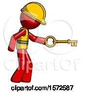 Poster, Art Print Of Red Construction Worker Contractor Man With Big Key Of Gold Opening Something