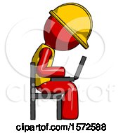 Poster, Art Print Of Red Construction Worker Contractor Man Using Laptop Computer While Sitting In Chair View From Side