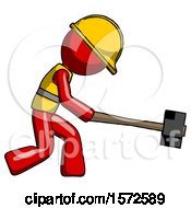 Poster, Art Print Of Red Construction Worker Contractor Man Hitting With Sledgehammer Or Smashing Something