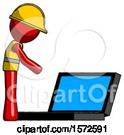 Poster, Art Print Of Red Construction Worker Contractor Man Using Large Laptop Computer Side Orthographic View