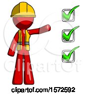 Poster, Art Print Of Red Construction Worker Contractor Man Standing By List Of Checkmarks