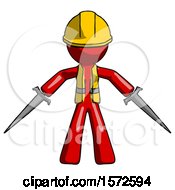 Poster, Art Print Of Red Construction Worker Contractor Man Two Sword Defense Pose