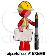 Poster, Art Print Of Red Construction Worker Contractor Man Holding Large Envelope And Calligraphy Pen
