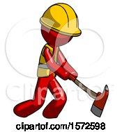 Poster, Art Print Of Red Construction Worker Contractor Man Striking With A Red Firefighters Ax