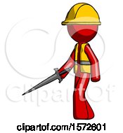 Poster, Art Print Of Red Construction Worker Contractor Man With Sword Walking Confidently