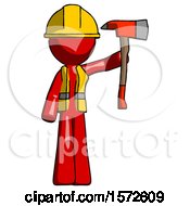 Poster, Art Print Of Red Construction Worker Contractor Man Holding Up Red Firefighters Ax