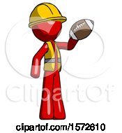Poster, Art Print Of Red Construction Worker Contractor Man Holding Football Up