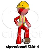 Poster, Art Print Of Red Construction Worker Contractor Man Standing With Foot On Football