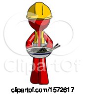 Red Construction Worker Contractor Man Serving Or Presenting Noodles