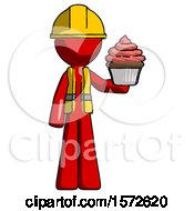 Poster, Art Print Of Red Construction Worker Contractor Man Presenting Pink Cupcake To Viewer