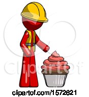 Poster, Art Print Of Red Construction Worker Contractor Man With Giant Cupcake Dessert