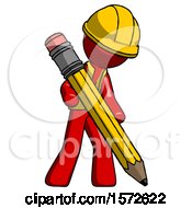 Poster, Art Print Of Red Construction Worker Contractor Man Writing With Large Pencil