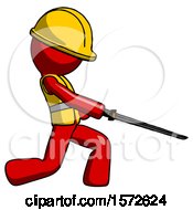 Poster, Art Print Of Red Construction Worker Contractor Man With Ninja Sword Katana Slicing Or Striking Something
