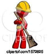 Poster, Art Print Of Red Construction Worker Contractor Man Sweeping Area With Broom