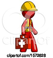 Poster, Art Print Of Red Construction Worker Contractor Man Walking With Medical Aid Briefcase To Right