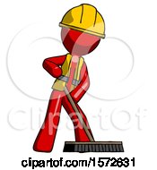 Poster, Art Print Of Red Construction Worker Contractor Man Cleaning Services Janitor Sweeping Floor With Push Broom