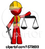 Poster, Art Print Of Red Construction Worker Contractor Man Justice Concept With Scales And Sword Justicia Derived