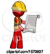 Poster, Art Print Of Red Construction Worker Contractor Man Holding Blueprints Or Scroll
