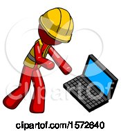 Poster, Art Print Of Red Construction Worker Contractor Man Throwing Laptop Computer In Frustration