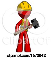 Poster, Art Print Of Red Construction Worker Contractor Man With Sledgehammer Standing Ready To Work Or Defend