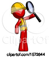 Poster, Art Print Of Red Construction Worker Contractor Man Inspecting With Large Magnifying Glass Facing Up