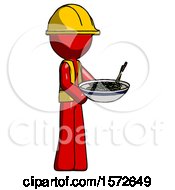 Poster, Art Print Of Red Construction Worker Contractor Man Holding Noodles Offering To Viewer