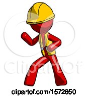 Poster, Art Print Of Red Construction Worker Contractor Man Martial Arts Defense Pose Left